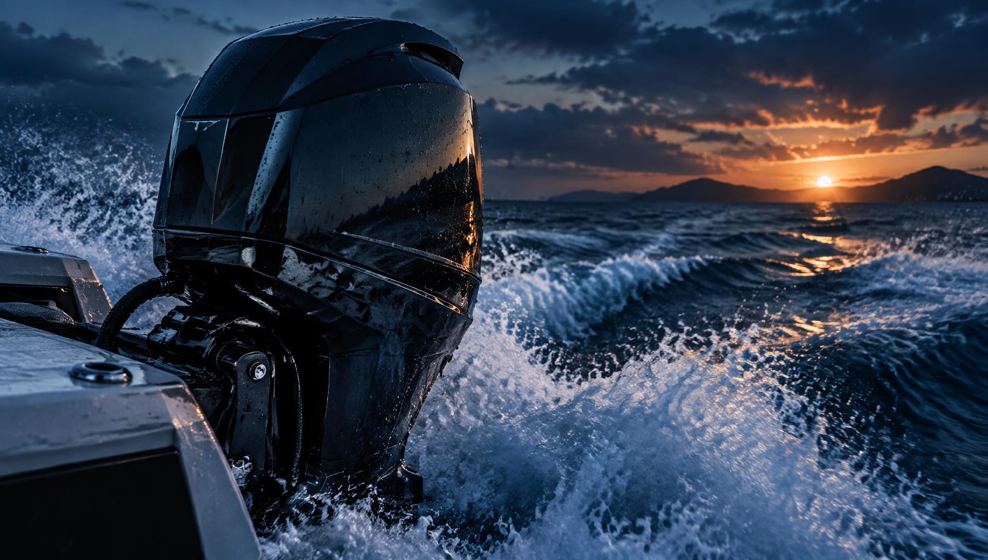 Outboard motor powering a boat through ocean spray at sunset